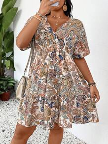 SHEIN LUNE Vestido de talla grande con cintura ceñida y dobladillo acampanado, atuendo para concierto country, graduación, atuendos de verano para mujeres, atuendos para brunch, atuendos para el Día de la Madre, atuendos para la iglesia para mujeres - Multicolor - Ver 1