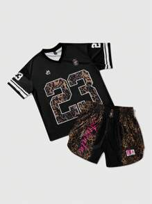 ROMWE MEN Street Life Summer Men 2pcs Set Street American Basketball Jersey Style Leopard Patchwork English Letter Graphic Print V-Neck Tee + Boxer Shorts