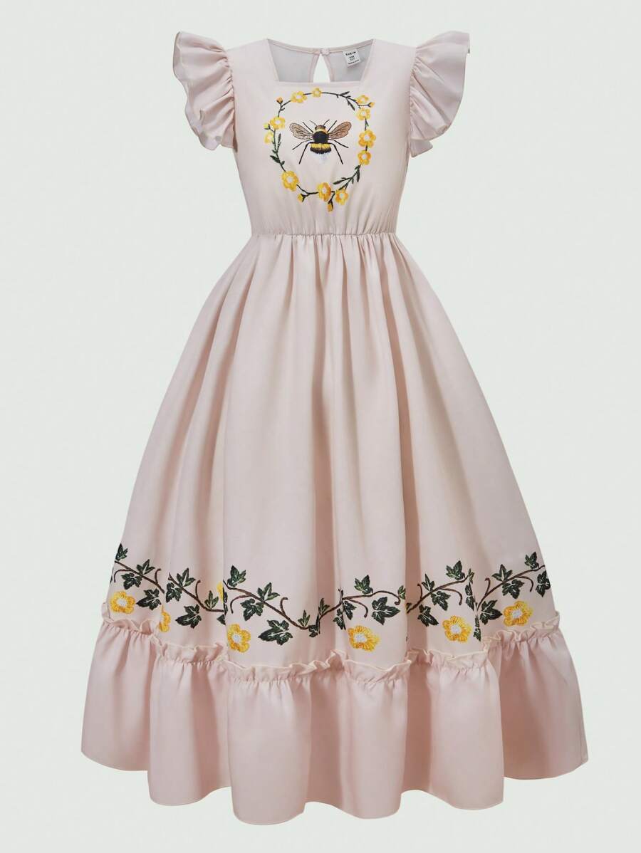 SHEIN Explorewe Vestido de Estilo Vintage Escuro e Elegante com Mangas e Barra Plissadas para Meninas na Pré-Adolescência, Adequado para o Dia a Dia, Trabalho, Festa Familiar, Festivais, Outono e Primavera - Damasco - Visão 1