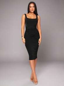 Silquee Women's Elegant Party Elastic Fabric Double Layer High-Quality Khaki Ruched Design Spring Summer Sleeveless Square/Square Neck Dress, Suitable For Commuting, Layering, Thanksgiving, Beach Holiday, Night Out, Sisterly Gathering, Beach Party, Pool Party, Holiday Outfit, Natural Party, Cabin Retreat, Romantic Valentine's Day & Date Night & Two Pieces & Romantic Date Dress