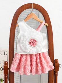 SHEIN 2件套少女夏季优雅3D花朵装饰不对称上衣和裙子套装 - 彩色 - 查看 5
