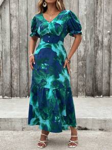 SHEIN Clasi Abito corto con scollo a V, stampa floreale, balza sul fondo, maniche corte, adatto per l'estate, abito di Pasqua per donna, stile bohémien, abito da rave, abito bohémien, abito da tè, abiti lunghi per donna, abiti verdi per donna, abiti per donna, abiti lunghi per donna, abiti estivi per donna, abiti estivi da donna per vacanze