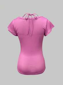 SHEIN EZwear Women's Fashionable Slogan Print Cinched Waist T-Shirt For Summer - Purple - View 2