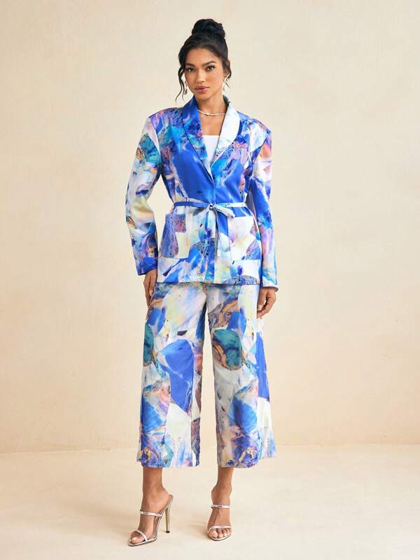 EBIB Summer Multi Blue Printed Oversized Blazer With Ties Women Business Casual Casual Blazer Top, Office