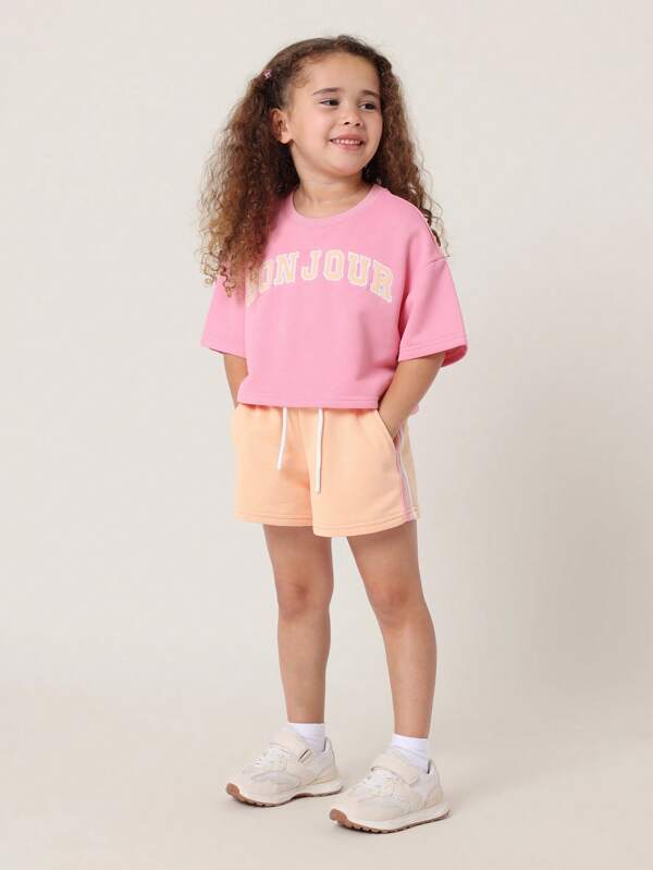SUMWON Conjunto casual de verano de niña "Bonjour" de top corto y pantalón corto, conjunto de dos piezas de ropa de estar en casa, ropa deportiva, de ocio, a juego, chándal cómodo, moda estacional