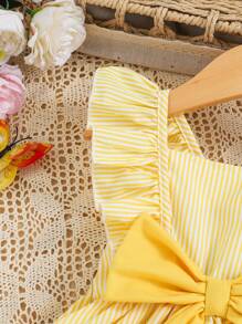 SHEIN Playful Pals Baby/Toddler Girl Striped Ruffle Trim Bowknot Front Pink Dress, Casual Fashionable Infant OOTD Dress, Spring/Summer - Yellow - View 5