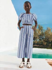SHEIN Young Girls Summer Vacation Style Beach Casual Stripe Balloon Sleeve Top And Stripe Pants Sets - Multicolor - View 3