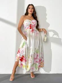 Firerie Vestido Evasê Estampado com Flores e Babado na Barra para Mulheres Plus Size - Multicolorido - Visão 6