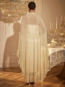 LuxeNights Wedding Season Women Luxury Handcraft Asymmetrical Ruffle Tie Mesh Robe + Charmeuse Slip Dress Set