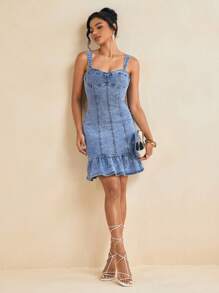 Fastlane Washed Denim Ruffle Hem Sweetheart Neckline And Triangle Straps Knee Length Midi Dress - Baby Blue - View 1