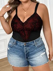 SHEIN CURVE+ Plus Size Women Contrast Lace Sexy Bodysuit Plus Size Christmas - Burgundy - View 6