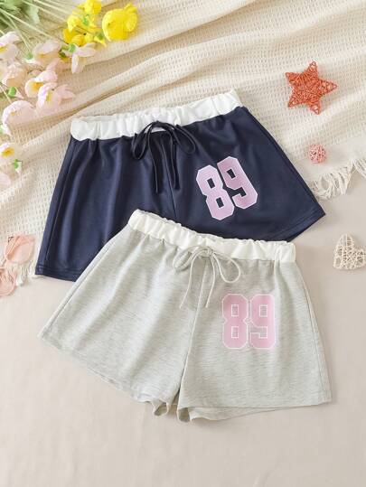 2件套女士数码印花休闲短裤/睡裤套装