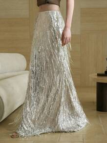 Arave Sequin Tassel Silver Fish Tail Skirt, Personalized Party Wear Clothing, Women's Spring/Summer Long Formal Skirt, Women's Evening Skirt, Women's Bridesmaid Skirt, Women's Gala Skirt