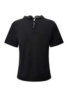 SHEIN Explorewe Spring/Summer Teen Girls Elegant High-Quality Hollow Faux Pearl Lace Trim Short Sleeve T-Shirt, Suitable For Daily Commute, Casual Outing, Sisterhood Gathering - Black - View 2