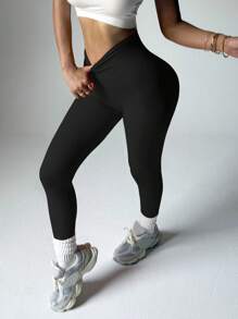 SHEIN Dewbera Legginsy sportowe z nadrukiem w talii, swobodne, do jogi, damskie - Czarne - Zobacz 5