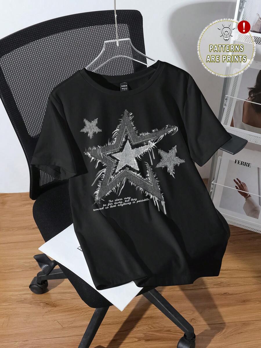 SHEIN EZwear Camiseta de manga corta con cuello redondo, estampado de estrella minimalista y corte holgado, ideal para verano - Negro - Ver 1