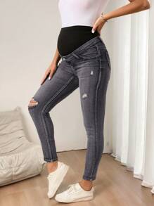 SHEIN Maternity High Waist Ripped Skinny Casual Versatile Jeans - Black - View 6