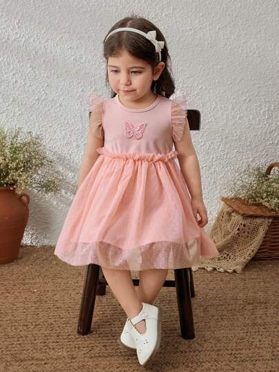 Blossori Baby Girls' Spring/Summer Pink Bow Decor Knitted Mesh Patchwork Dress