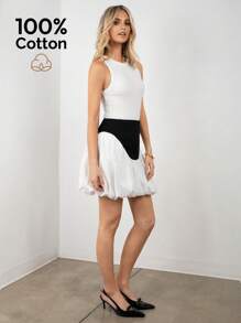 SNOW XUE GAO 黑白高腰泡泡袖少女裙夏季女装裙子夏季工作短裙 - 黑與白 - 查看 1