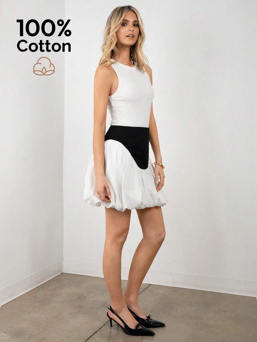 SNOW XUE GAO 黑白高腰泡泡袖少女裙夏季女装裙子夏季工作短裙 - 黑與白 - 查看 1