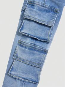 Denim Baby Mädchen Mode persönlich angepasste vielseitige Lässig College Stil Hose mit elastischem Bund, gewaschene Denim Cargohose mit Mehrfachtaschen - Mittele Waschung - Übersicht 8