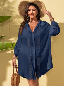 Swim Lushoire Plus Size Women's Long Sleeve Lace Patchwork Blouse Kimono For Summer Beach Vacation - Navy Blue - View 5