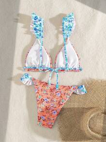 SHEIN Swim Women's Contrast Color Ruffle Trim Tankini Bikini Set Set, Random Print For Summer Beach Vacation - Multicolor - View 2