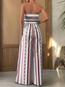 SHEIN VCAY 女士度假休闲几何印花高开衩连体裤 - 酒紅色 - 查看 2