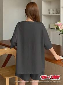 DAZY TOM AND JERRY X DAZY Casual Loose Letter Print Short Sleeve Top And Shorts Pajama Set