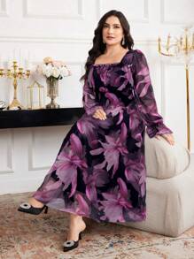 Modelyn Plus Size Pink Floral Mesh Maxi Dress: Elegant Square Neck, Long Sleeve, And Flared Hem For Special Occasions - Pink - View 6