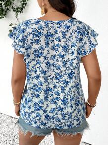 SHEIN Frenchy 大码休闲简约 V 领粉色印花系带女式衬衫 - 藍白色 - 查看 2