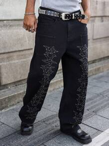 Manfinity EMRG Men's Black Washed Gothic Graffiti Print Loose Wide-Leg Jeans