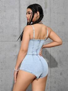 SHEIN ICON 女士休闲细肩带牛仔连体裤 - 藍色 - 查看 2