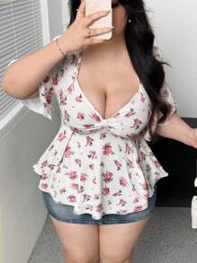 Flirla Áo thun tay ngắn cổ tim họa tiết hoa nhí, viền bèo nhún, cỡ lớn, kiểu dáng thanh lịch và dễ thương, phong cách cổ điển, thích hợp cho mùa xuân/hè. - trắng - Xem 6