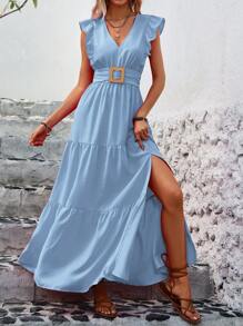 EMERY ROSE 夏季度假长款荷叶边开叉连衣裙 女式度假海滩装 - 藍色 - 查看 3