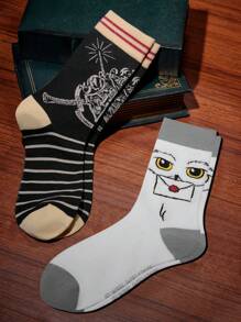 HARRY POTTER X SHEIN 2 pares de calcetines transpirables y suaves de media pantorrilla, con diseño de la lechuza Hedwig de Hogwarts, con refuerzo en el dedo del pie y el talón, adecuados para todas las estaciones, en blanco y a rayas, unisex para hombres y mujeres - Multicolor - Ver 2