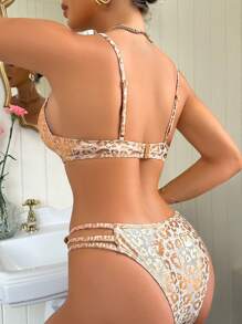 SHEIN Swim Women's Sexy Leopard Print Bikini Top, Summer Beach - Gold - View 2