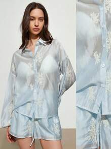 GENKIRA Set de 2 piezas con blusa suelta de manga abullonada con cuello vuelto y bordado elegante, y shorts con cordón en la cintura - Azul - Ver 2