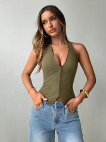 Aloruh Women's Sexy U-Neck Hook Design Open Back Halter Tank Top - Army Green - View 3
