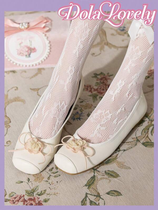Dola Lovely Apricot Color Mary Jane Flat Shoes With Floral Decor Squared Toe, Fashionable Ladies' Casual Flats