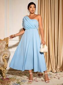 Cravure 大码女式优雅露肩雪纺腰泡泡袖长裙，舞会礼服 - 藍色 - 查看 5