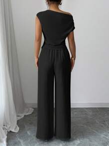Elenzga Women Elegant One-Shoulder Sleeveless Asymmetrical Hem Fitted Top And Straight Loose Minimalist Versatile Pants 2 Pieces Set, Vacation Suit - Black - View 2