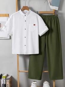 2 stuks kinderkleding voor jongens in Koreaanse stijl met ronde hals, korte mouwen, effen kleur, opgestikte zak en losse rechte broekspijpen. Geschikt voor school, tuin, strand, verjaardag, lente/zomer/herfst/winter.