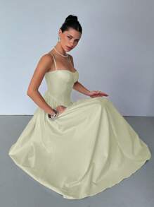 Aloruh 女士优雅吊带 A 字形长喇叭裙，适合夜店、派对、约会、休闲日常穿着、秋季 - 綠色 - 查看 6