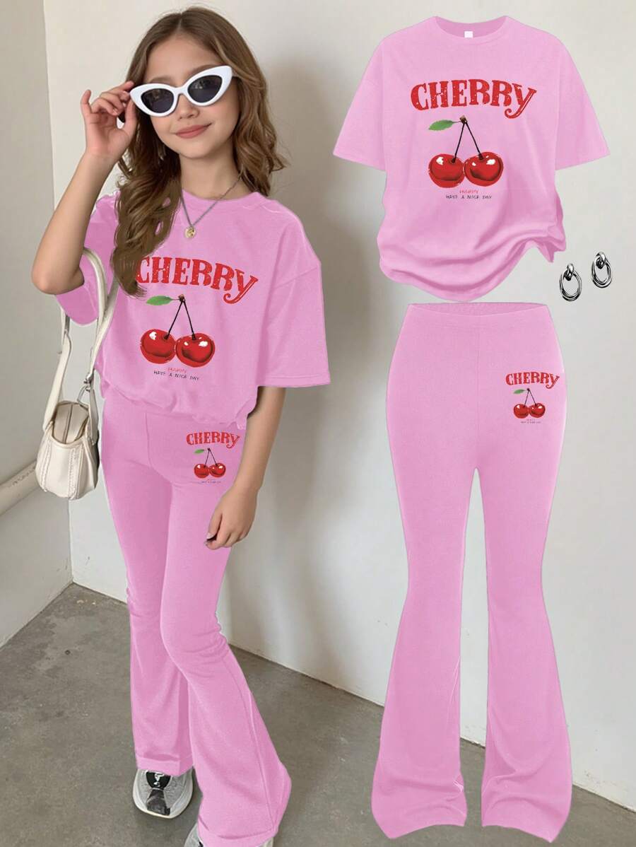 SHEIN Leap Crew Bộ đồ 2 món tay ngắn và quần tối giản thường ngày cho bé gái tuổi mới lớn, phù hợp cho mùa hè - Màu Lilac Tím - Xem 1
