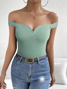 SHEIN Privé Women's Summer Casual Solid Color Off Shoulder T-Shirt - Mint Green - View 6