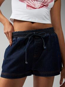 MISSGUIDED Short en jean d'été avec cordon de serrage, short en jean à taille élastique, short décontracté et confortable, tenue de plage et de villégiature, parfait pour les vacances de printemps - Bleu azur - Voir 5