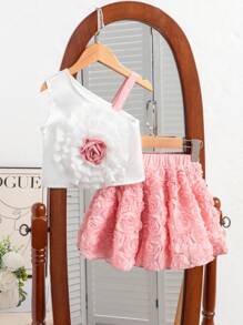 SHEIN 2件套少女夏季优雅3D花朵装饰不对称上衣和裙子套装 - 彩色 - 查看 7