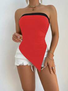 VaVaBold Contrasting Color Asymmetrical Hem Bodycon Sexy Crop Top - Red and Black - View 5