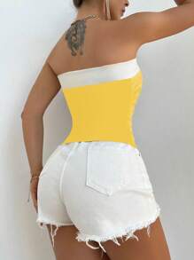 Zolique Summer Casual Contrast Color Block Asymmetrical Hem Tube Top - Yellow - View 2